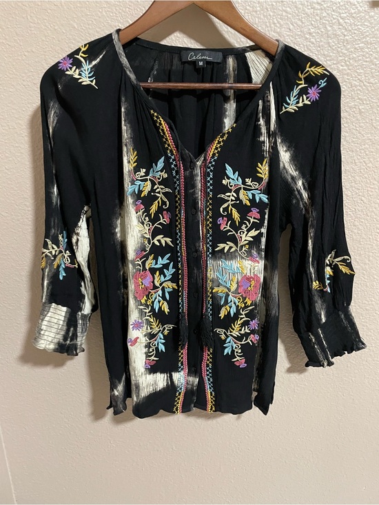 Calessa Tops - Calessa Black Boho Blouse with Multicolor Floral Embroidery